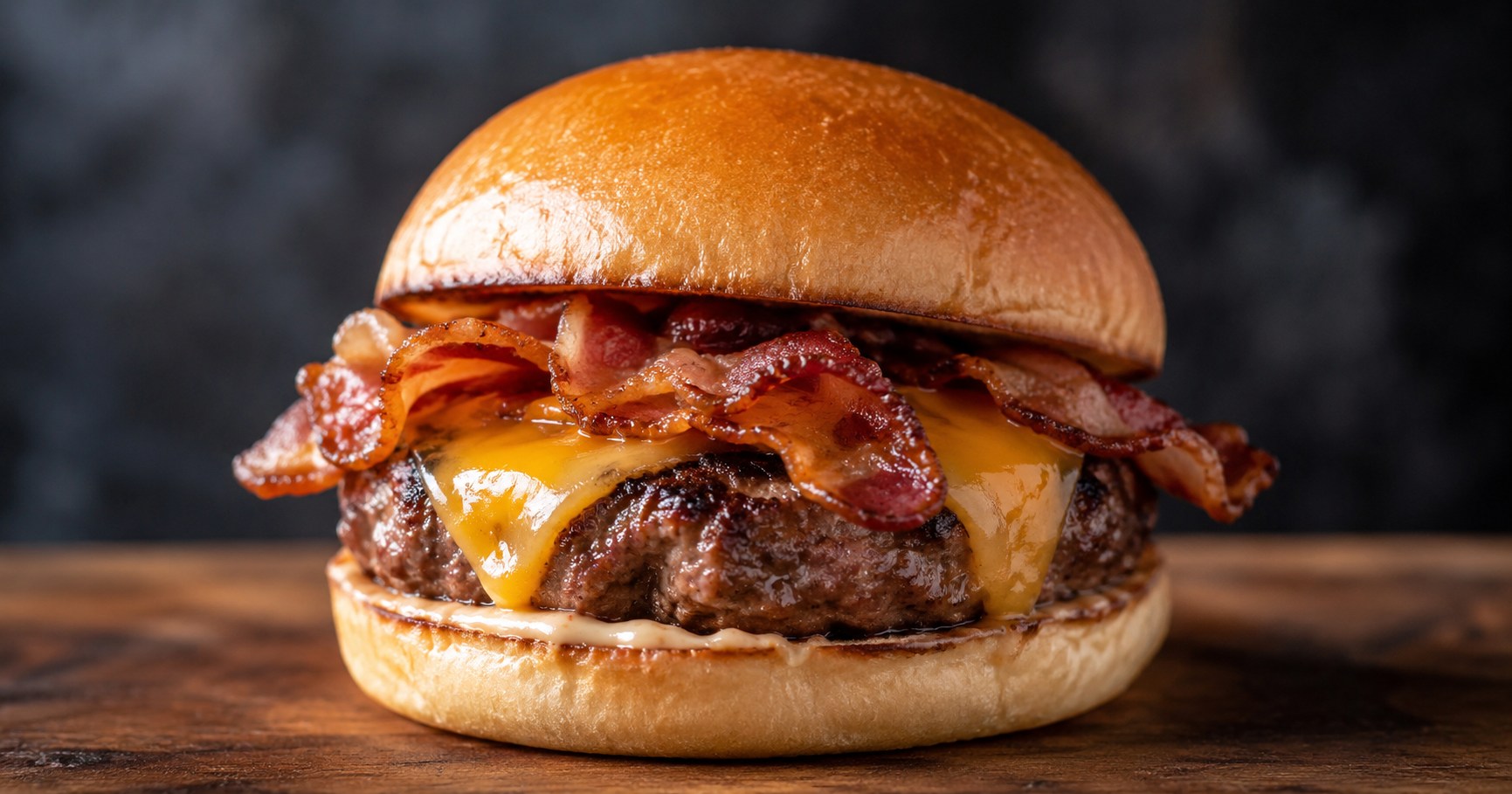 ビーフパティ、ベーコン、溶けたチーズ、野菜をバンズで挟んだベーコンチーズバーガー