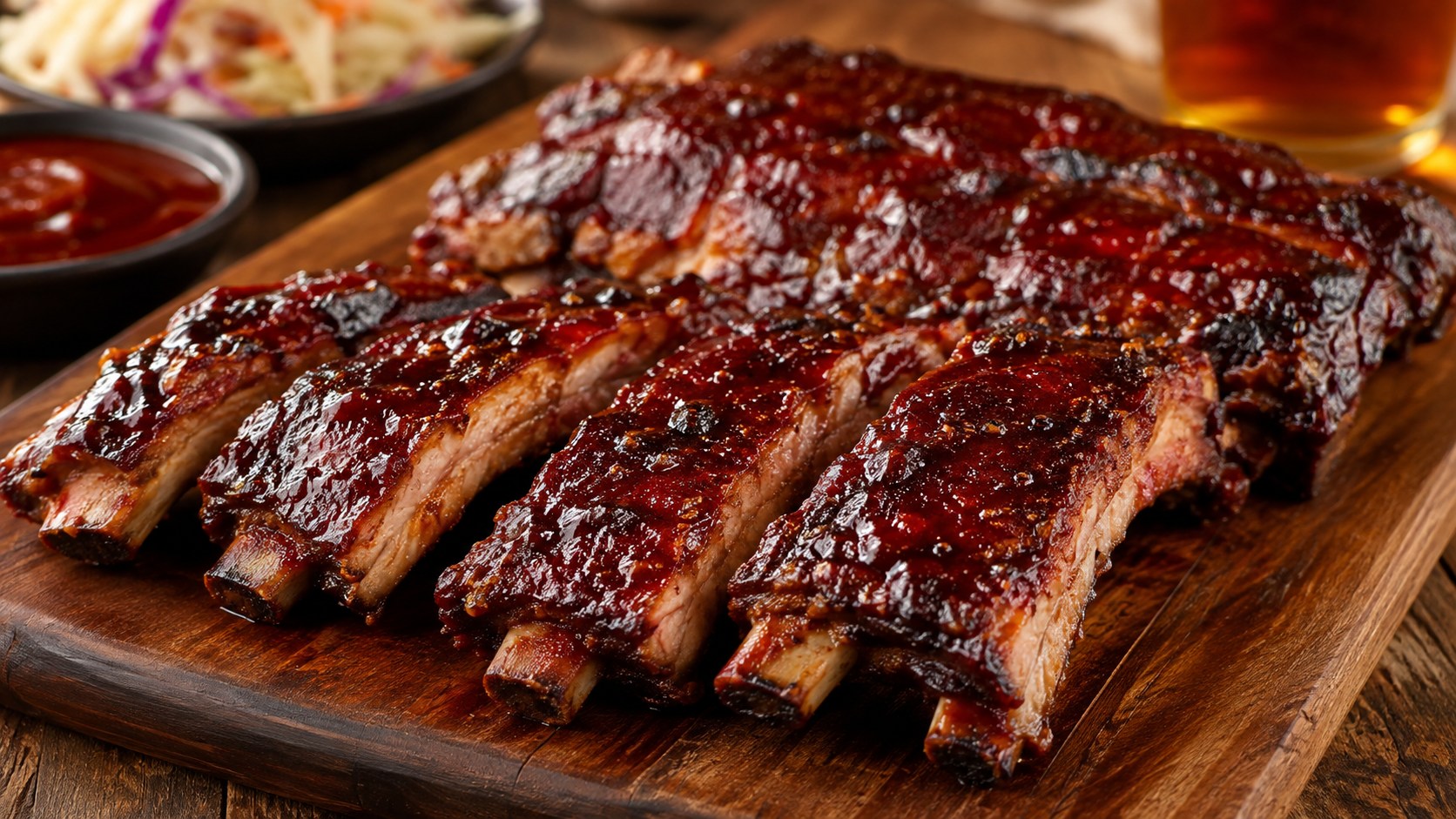 骨付きポークリブに濃いバーベキューソースを塗って焼いたBBQリブ