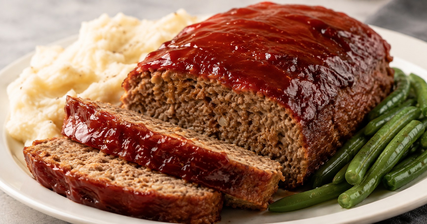 ひき肉を長方形に焼き、ケチャップ風ソースをかけて切り分けたミートローフ