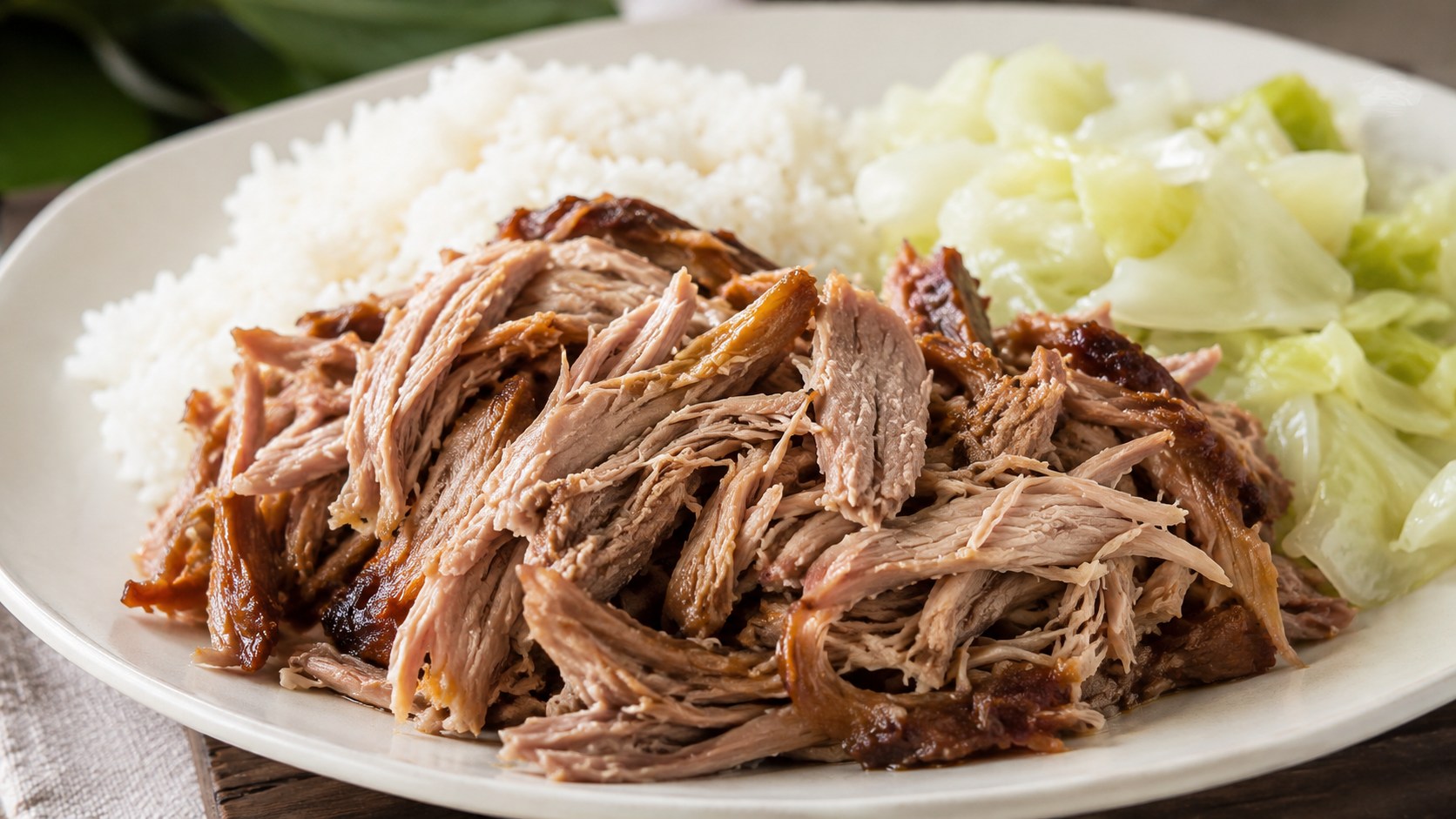 柔らかくほぐした豚肉をキャベツと一緒に盛り付けたハワイのカルアポーク