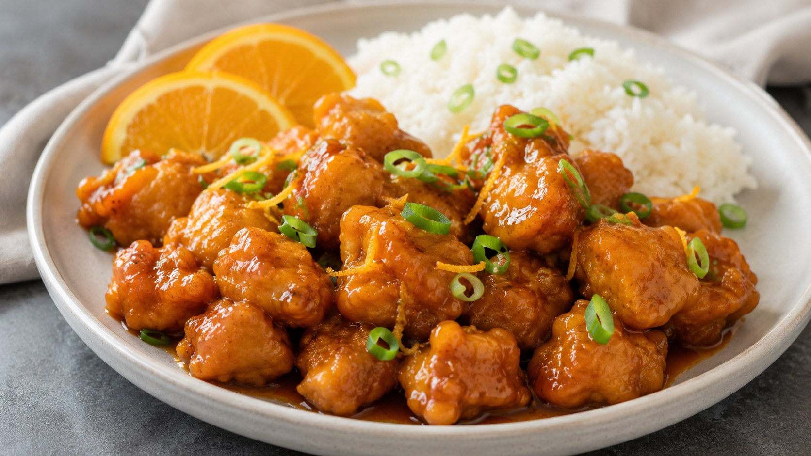 揚げた鶏肉に艶のあるオレンジ風味の甘酸っぱいソースを絡めたオレンジチキン