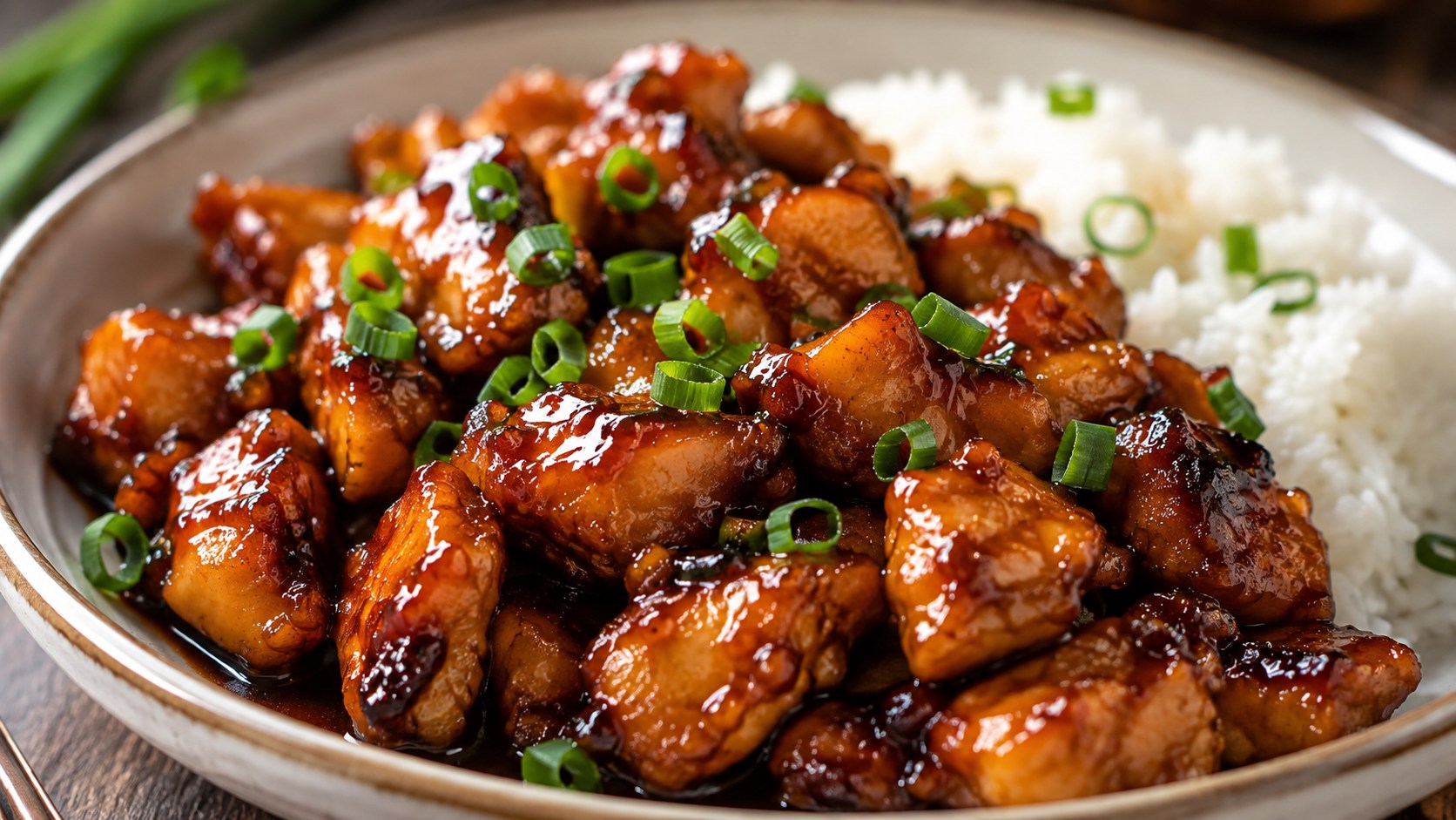 鶏肉に照りのある甘辛いバーボンソースを絡め、ご飯を添えたバーボンチキン