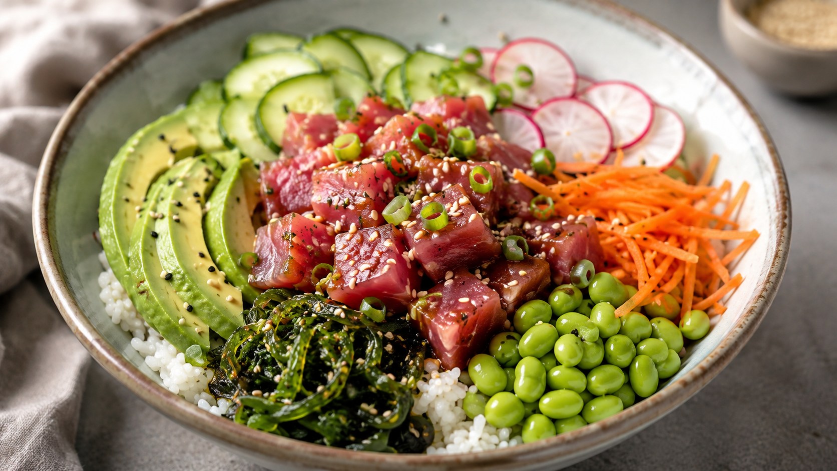 角切りの生魚、アボカド、野菜などをご飯に彩りよく盛ったポケボウル