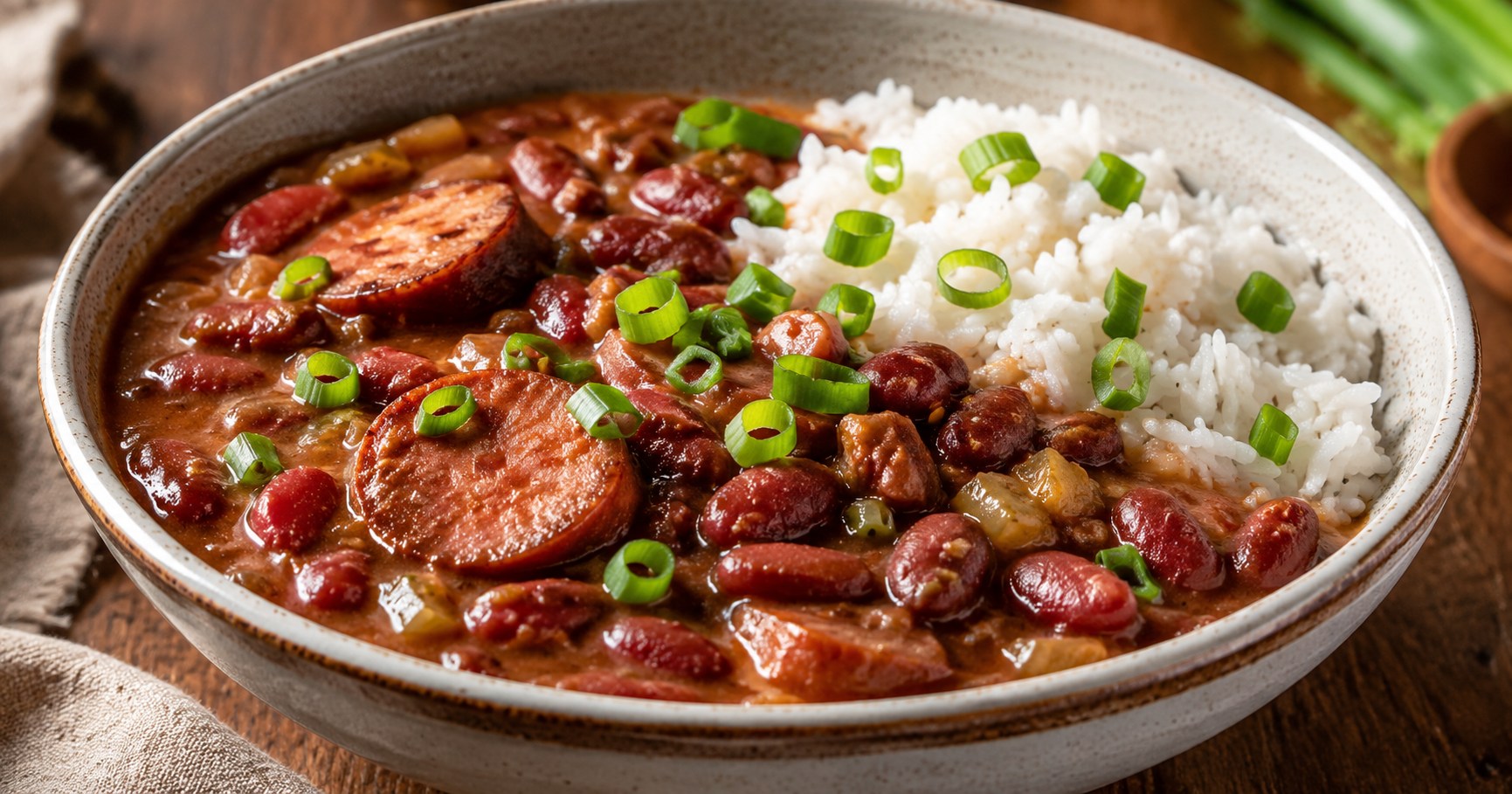 赤いんげん豆とソーセージを濃厚に煮込み、白いご飯に添えたレッドビーンズアンドライス