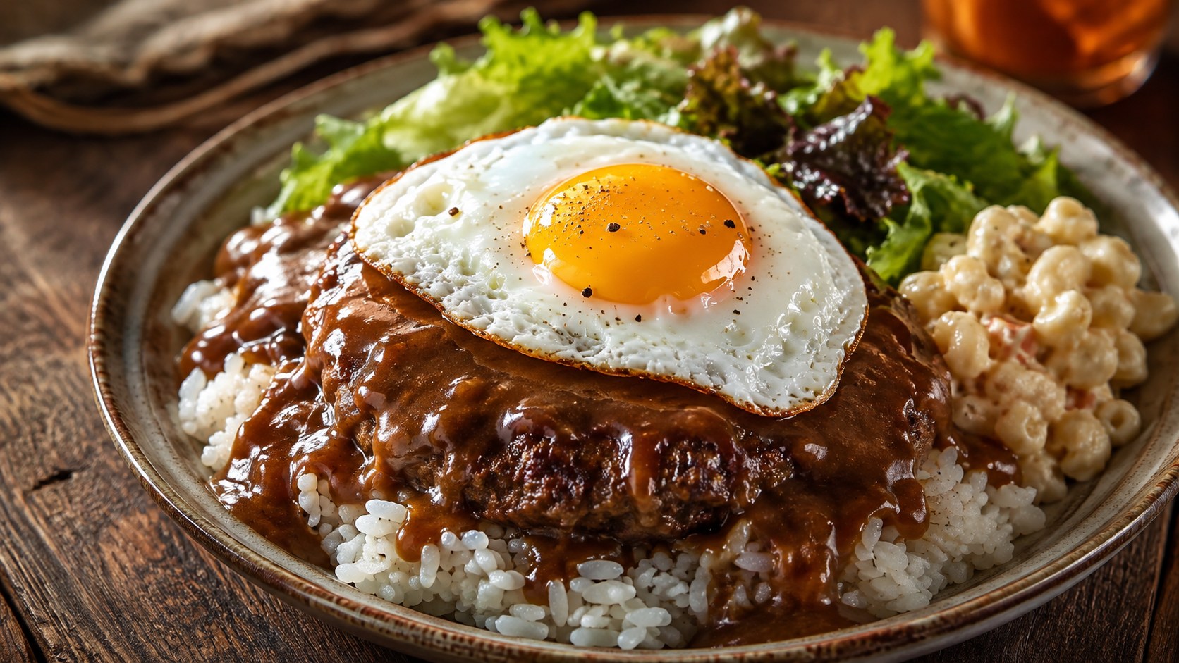 白いご飯にハンバーグ、目玉焼きをのせ、グレービーをかけたロコモコ