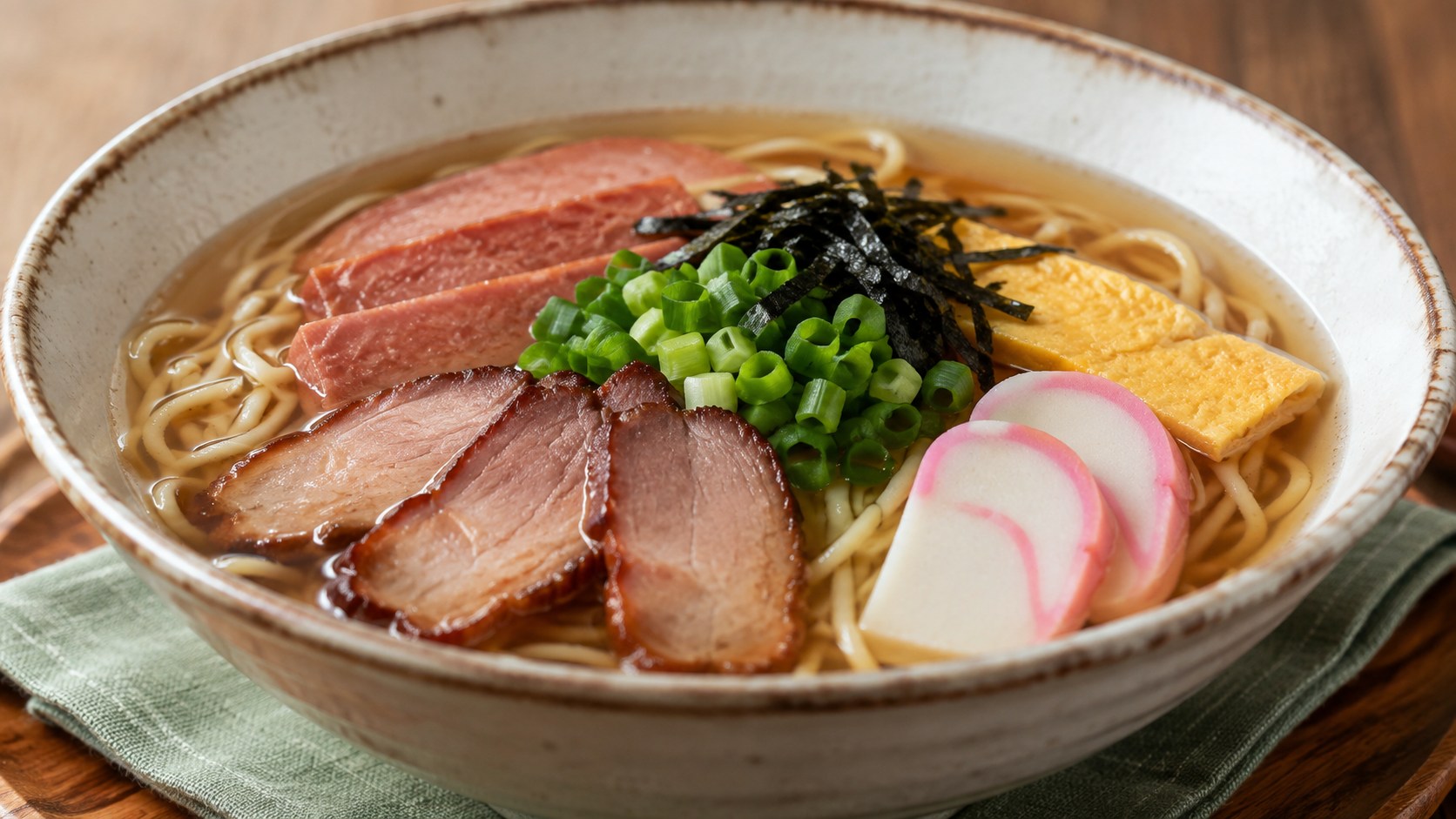 細い麺にチャーシュー、かまぼこ、青ねぎなどをのせたハワイのサイミン