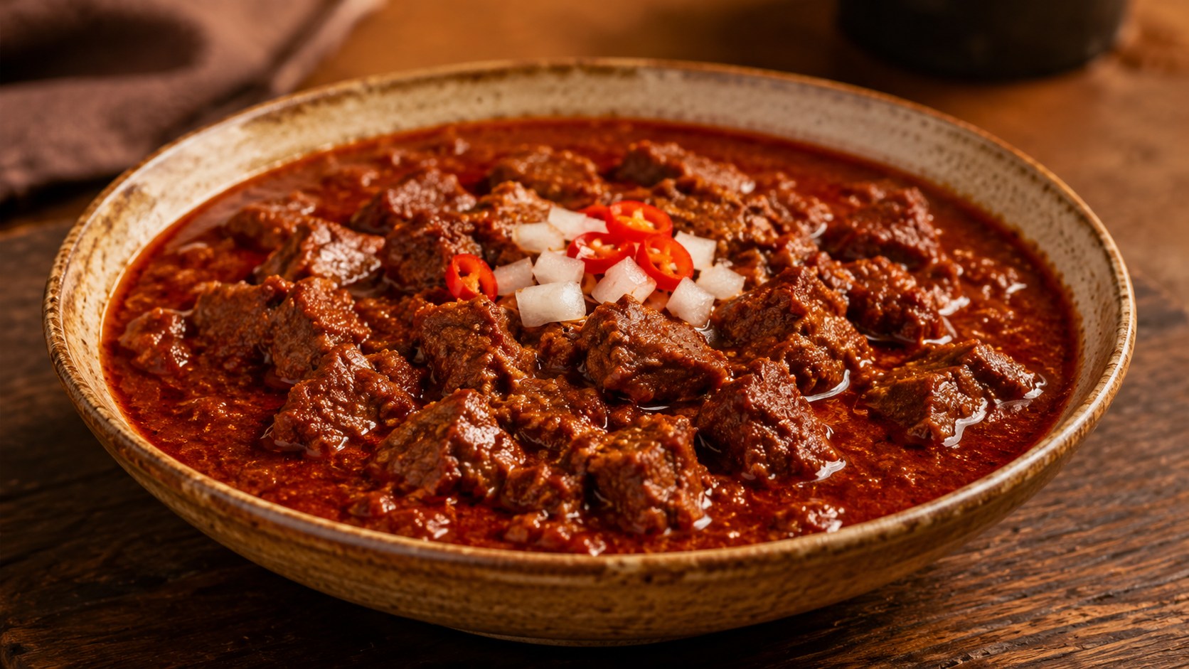 牛肉を唐辛子とスパイスで濃厚に煮込んだ豆なしスタイルのテキサスチリ