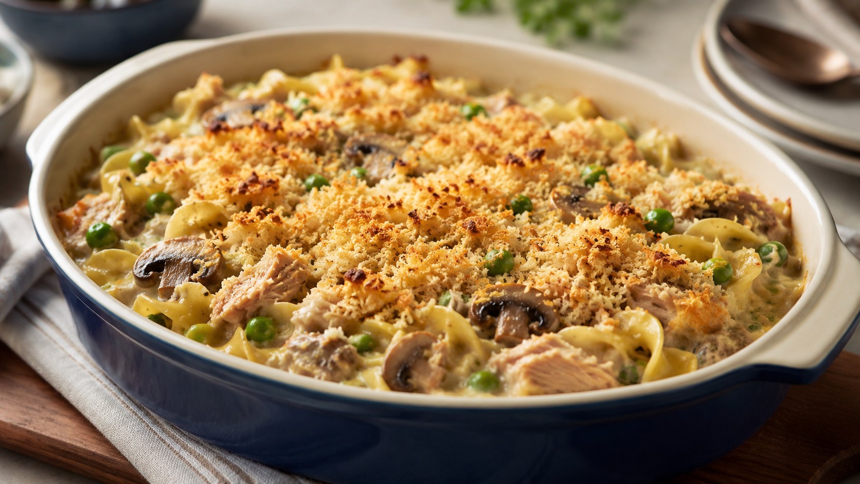 ツナ、パスタ、野菜をクリーミーなソースで焼き上げたツナキャセロール