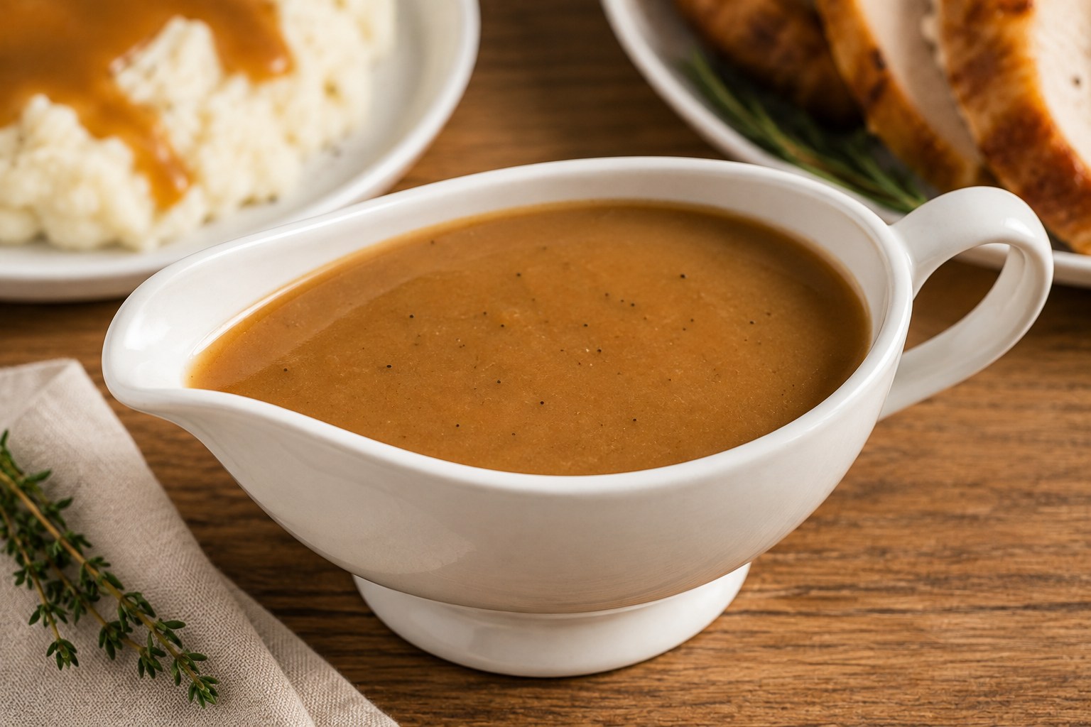 肉汁をベースにとろみを付けた茶色いグレービーをソースポットに入れたグレービー