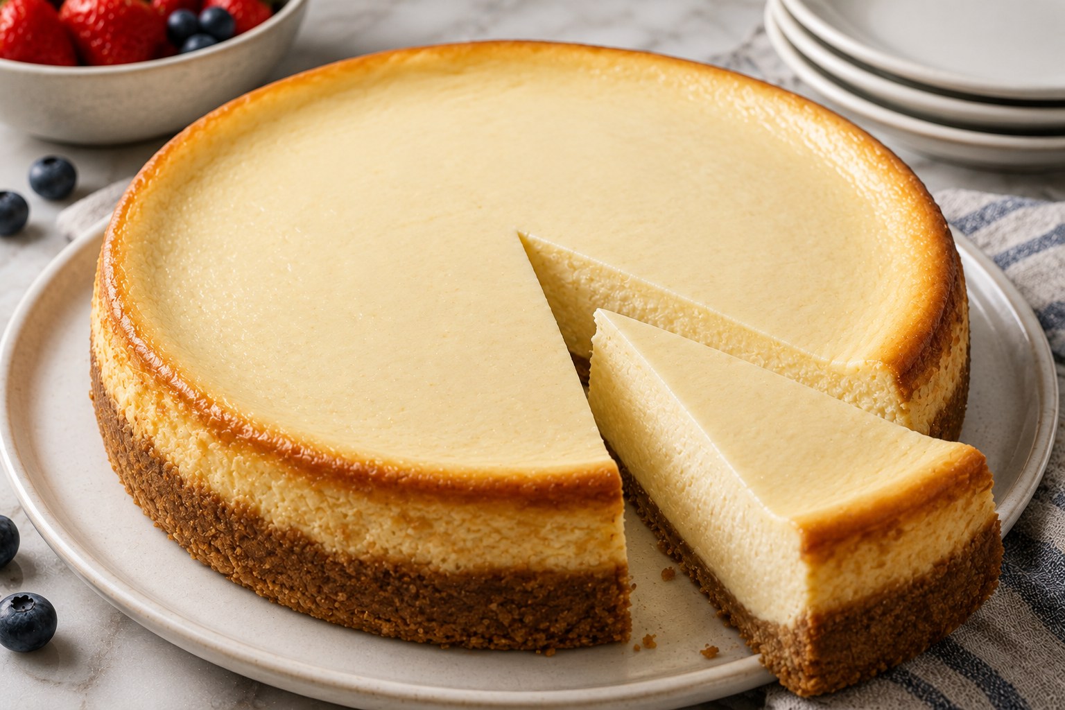 厚みのある濃厚なチーズケーキを一切れにし、滑らかな断面を見せたニューヨークチーズケーキ