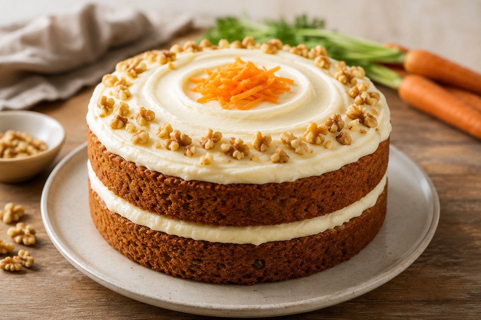 にんじん入りのスパイスケーキに白いクリームチーズフロスティングを重ねたキャロットケーキ