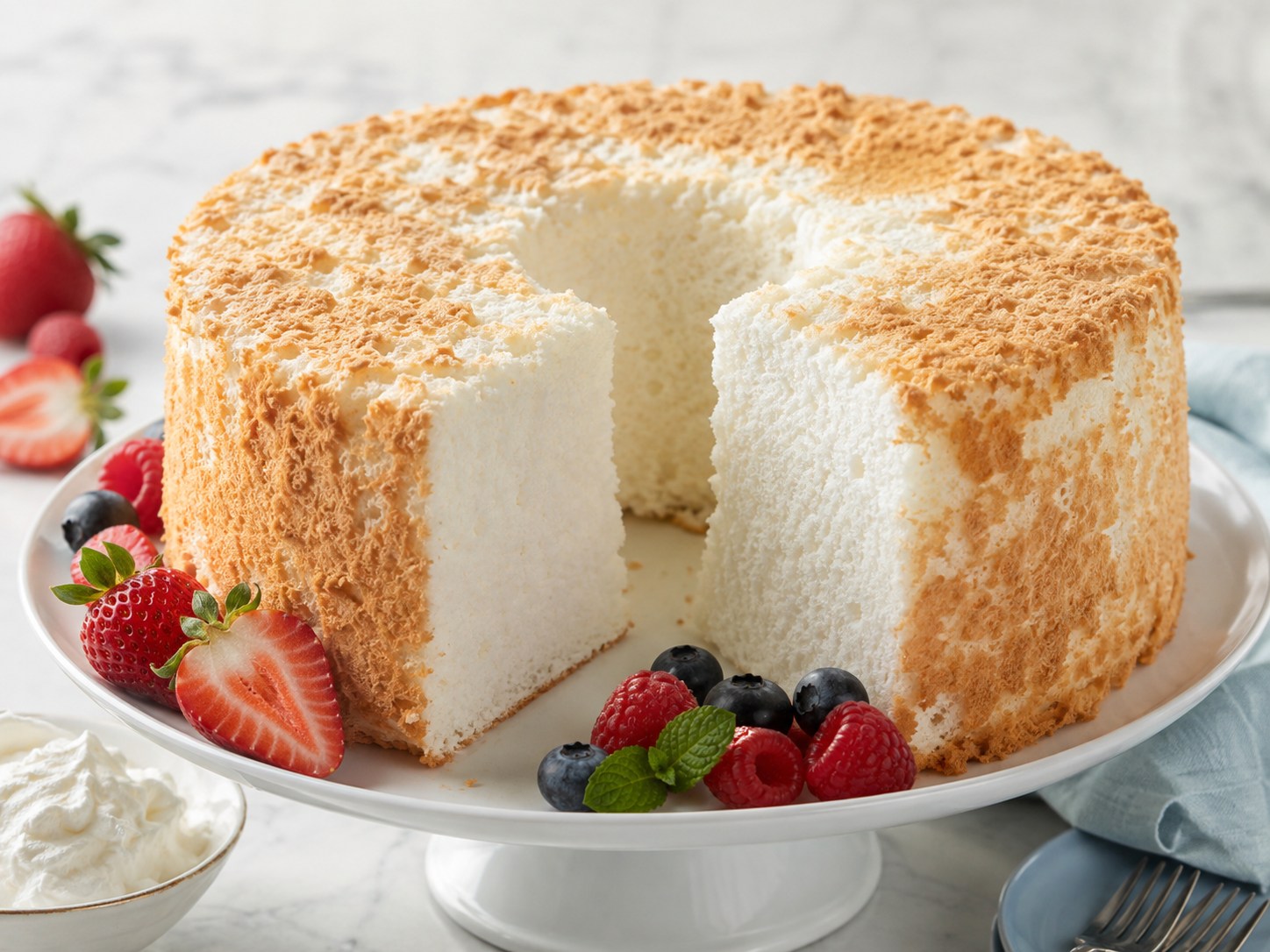 白くふんわりと背の高いシフォン状のエンジェルフードケーキを切り分けた一皿