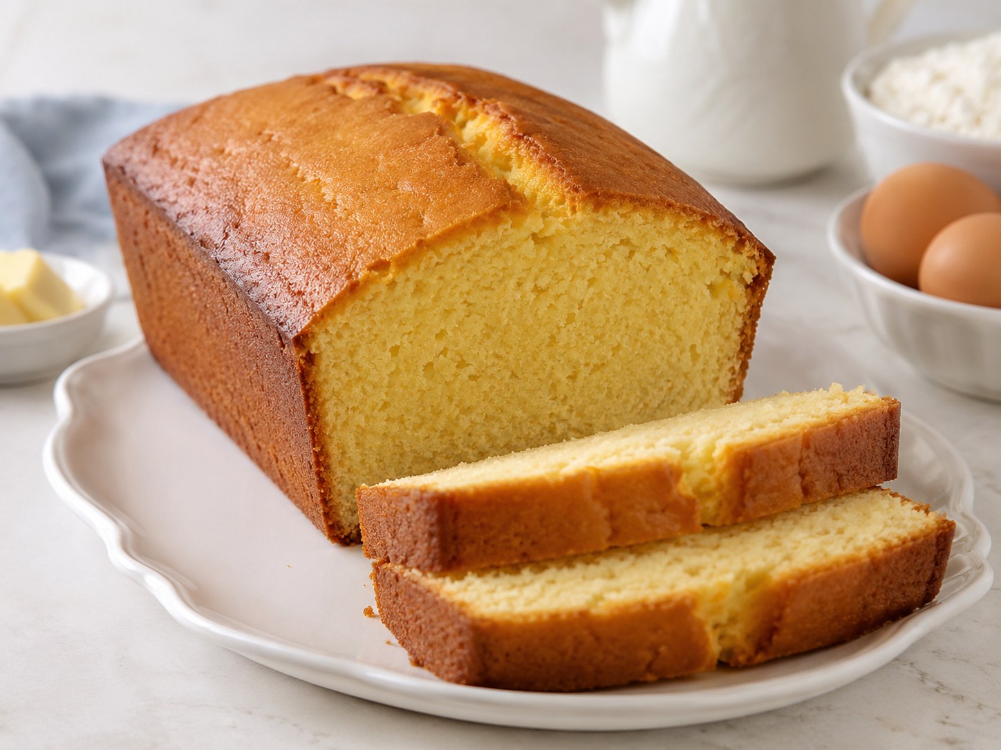 きめ細かな黄色い生地を長方形に焼き、厚く切ったパウンドケーキ