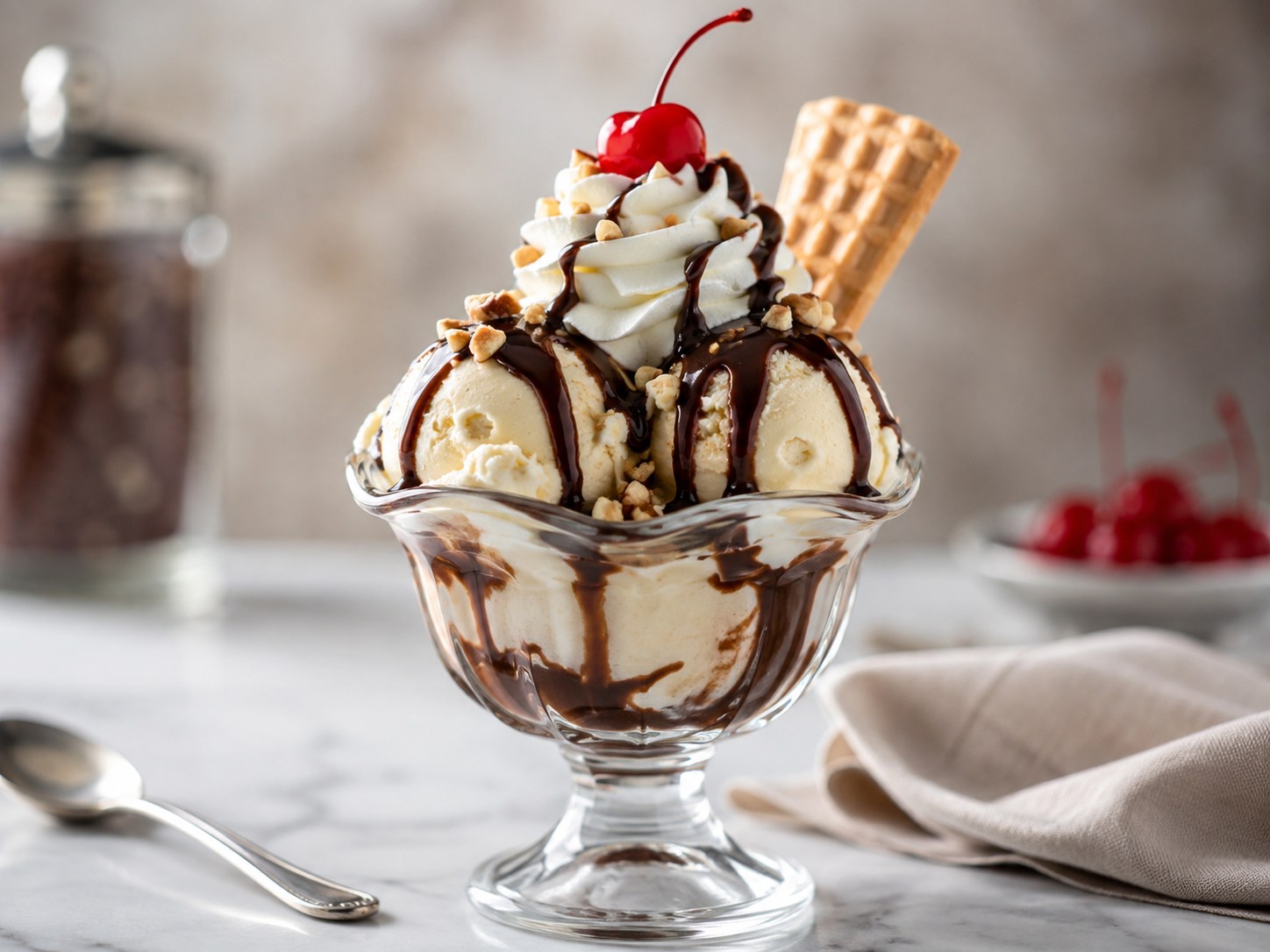 アイスクリームにチョコレートソース、ホイップクリーム、チェリーをのせたサンデー