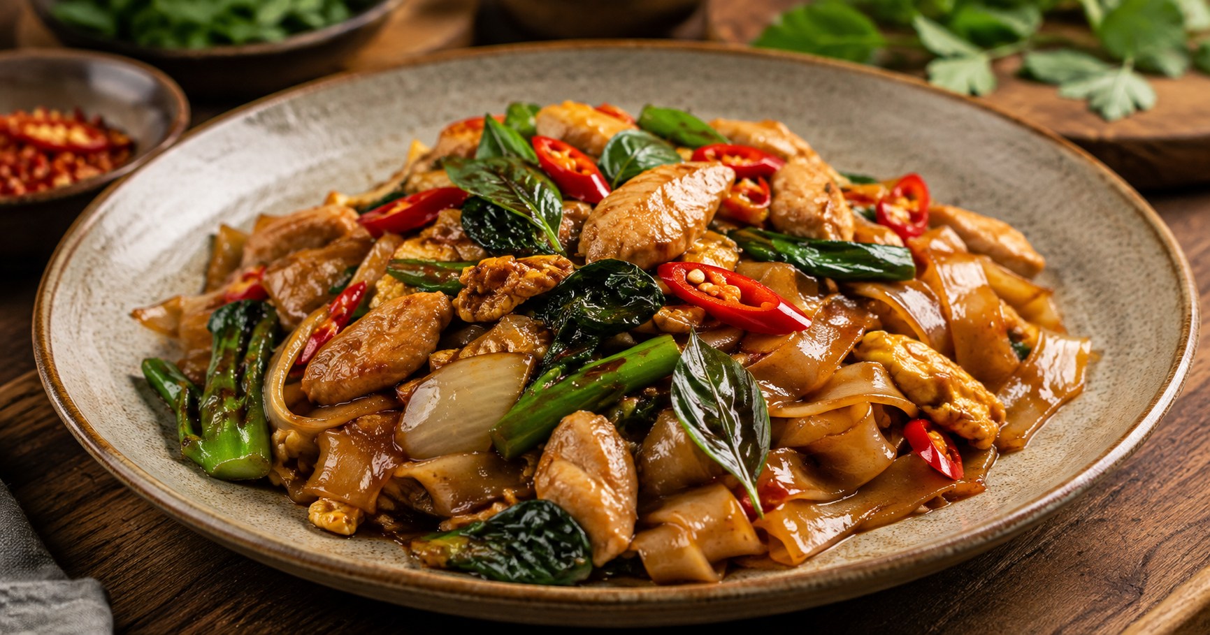 幅広の米麺を唐辛子、バジル、肉、野菜と炒めた辛いパッキーマオ