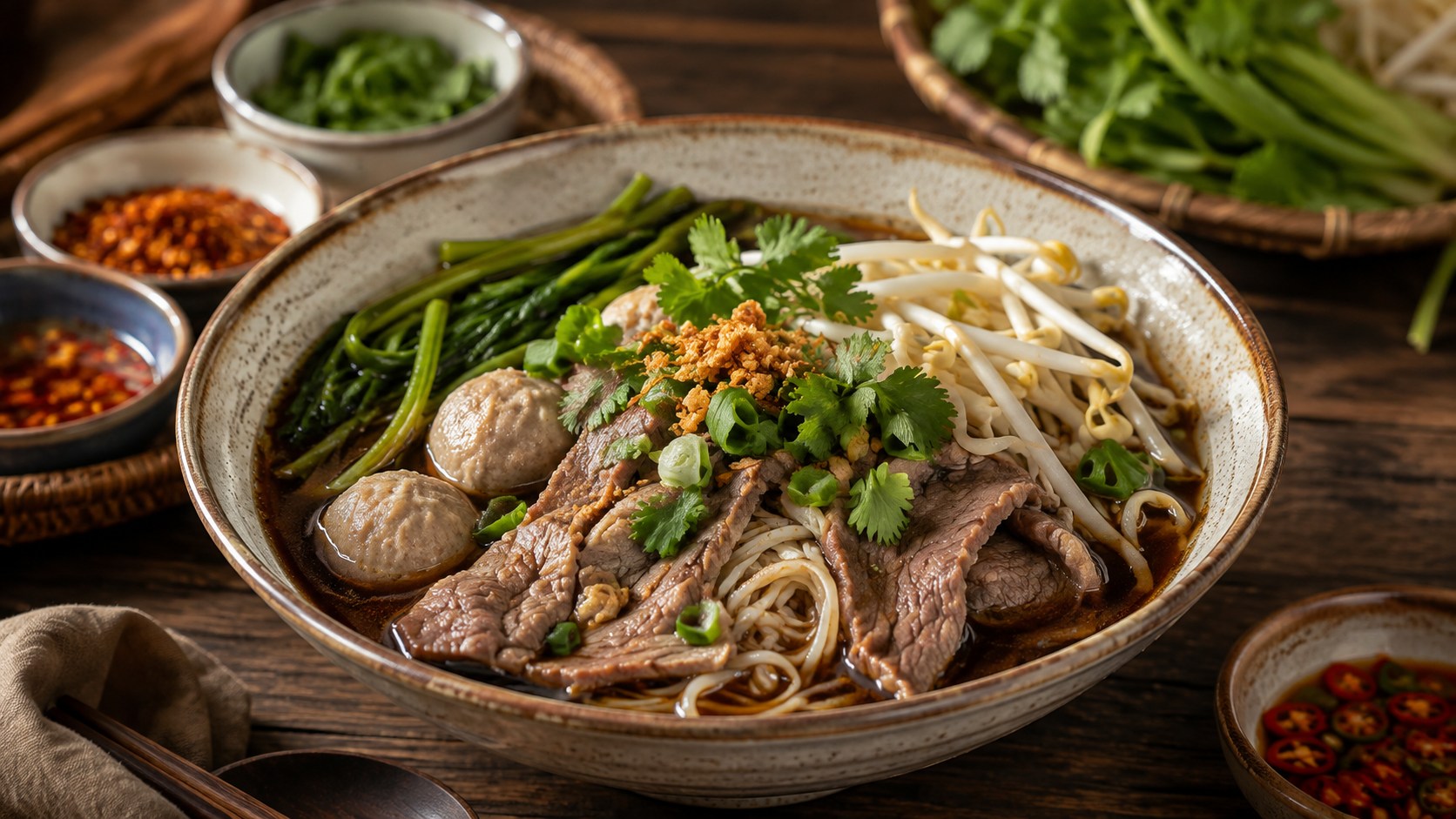 濃い色のスープに米麺、肉、青菜、香草を盛り付けたタイの船麺