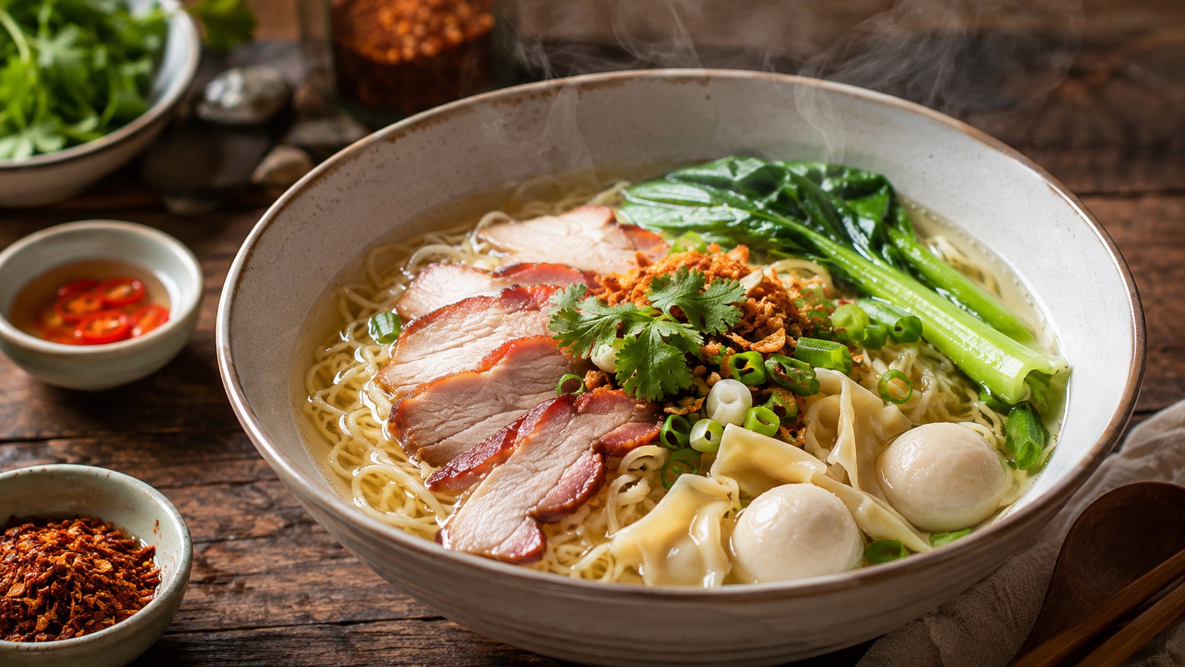 黄色い卵麺に肉、野菜、香草を盛り付けたタイの汁麺バミー・ナーム
