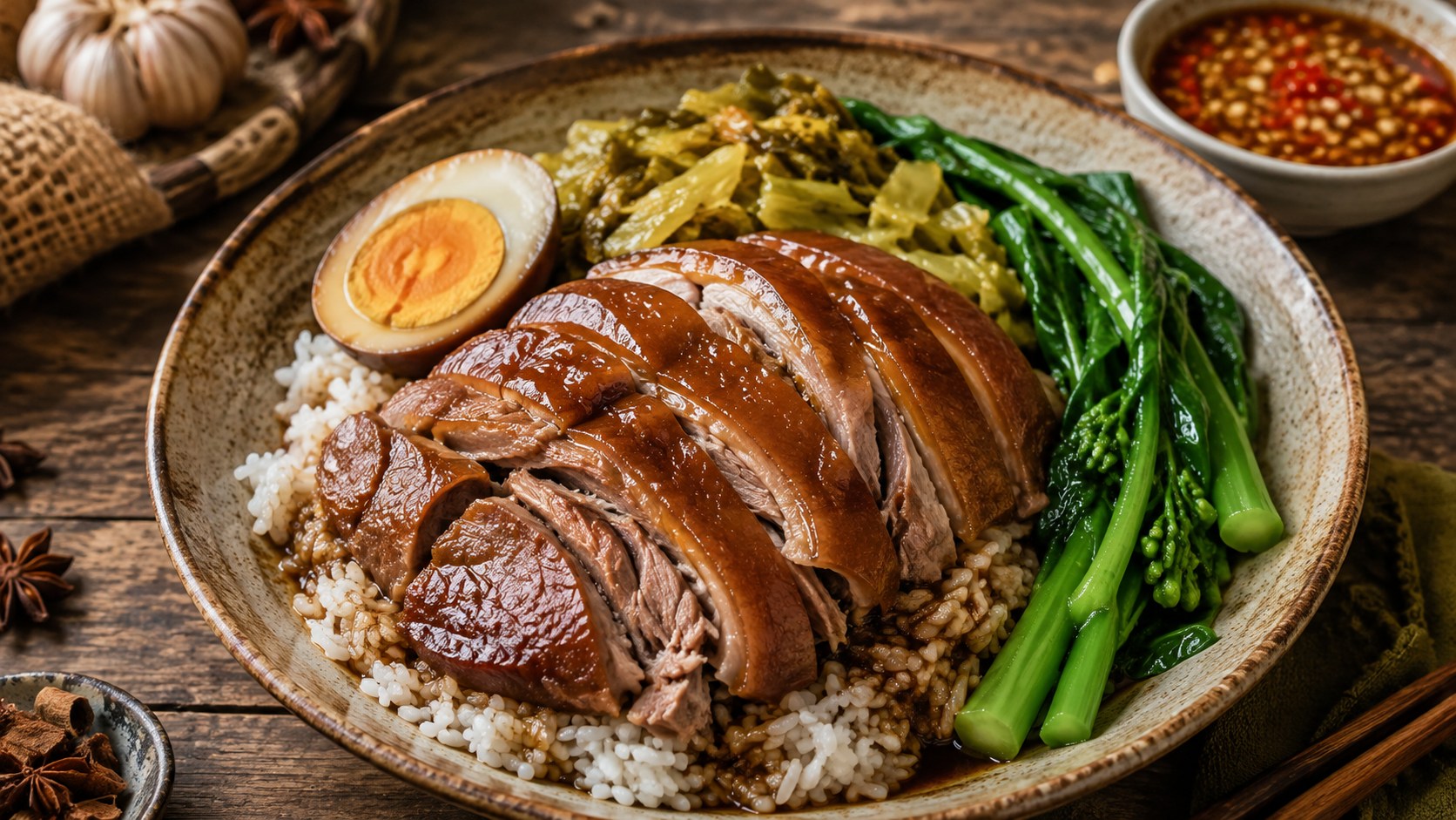 柔らかく煮込んだ豚足と煮卵、青菜をご飯にのせたカオカームー