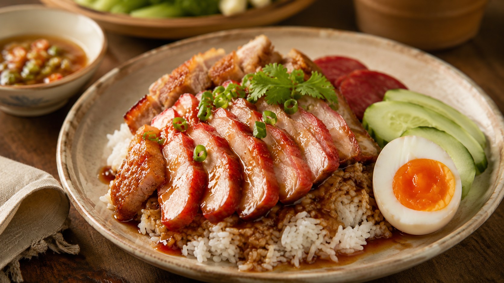 赤い焼き豚、卵、きゅうりをご飯に盛り、甘いソースをかけたカオムーデーン