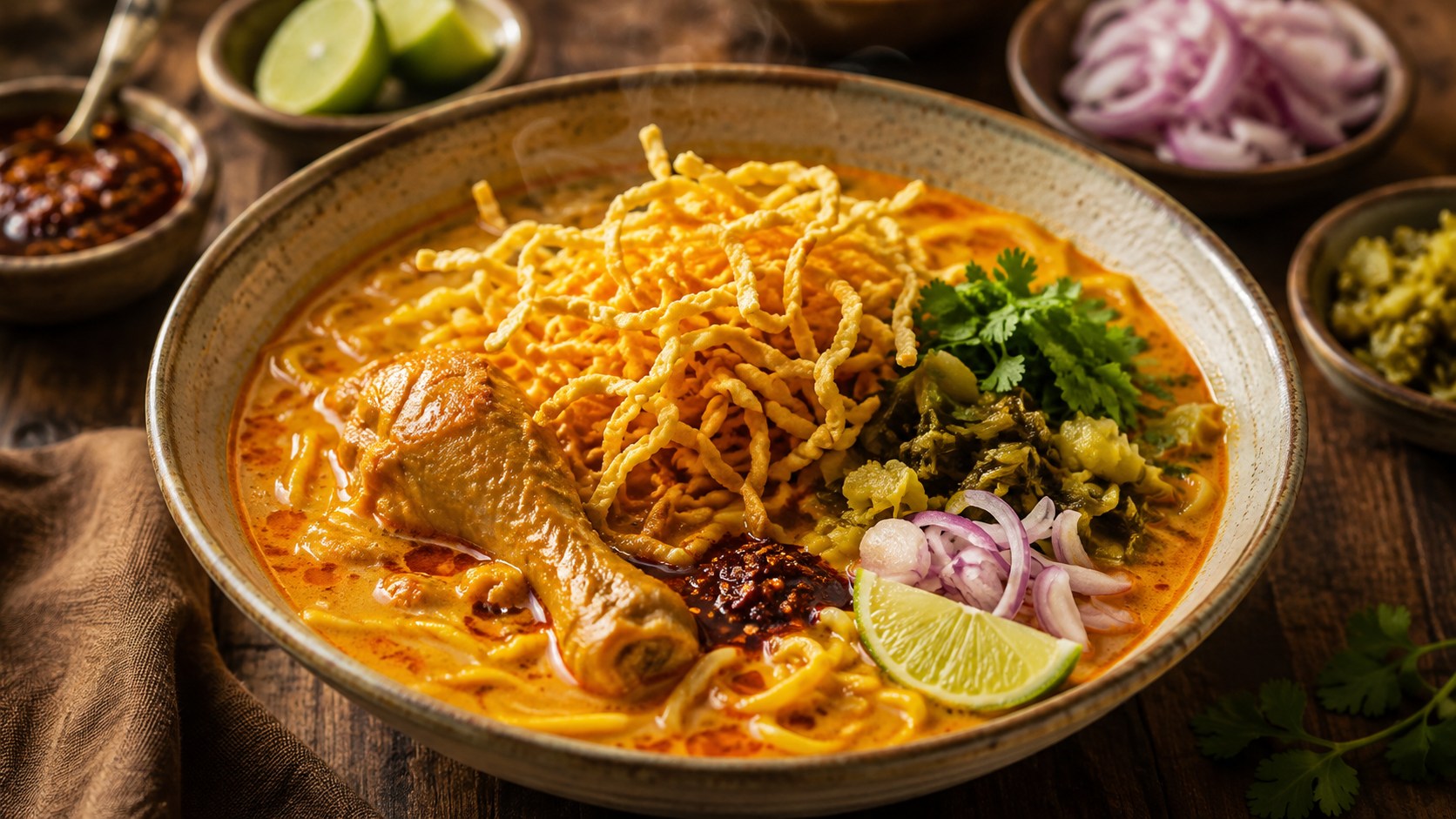 カレースープの卵麺に鶏肉、揚げ麺、香草、ライムを添えたカオソーイ