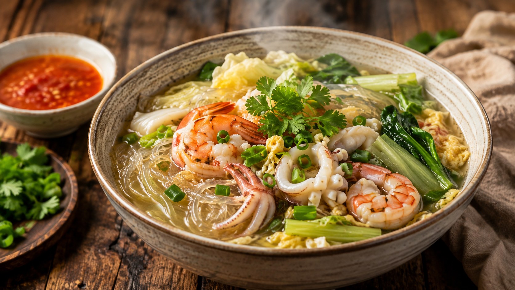 春雨、肉、魚介、野菜をスープで煮たタイスキの汁あり料理スキーナーム