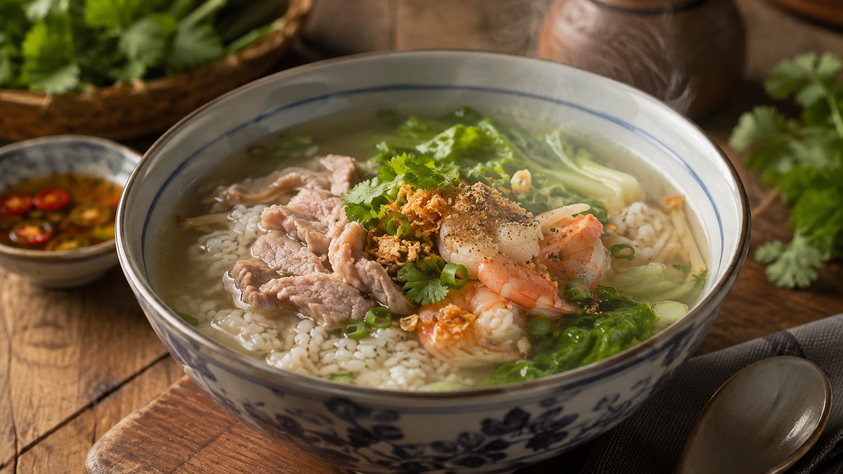 ご飯を肉や魚介とスープで煮て、ねぎと香草を添えたタイ料理カオトム