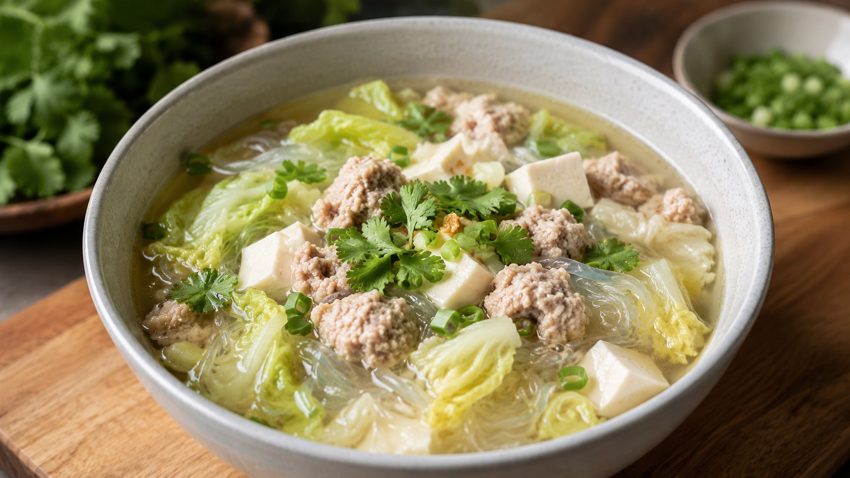 豆腐、豚肉団子、春雨、野菜が入った澄んだタイ風スープのトムチュート