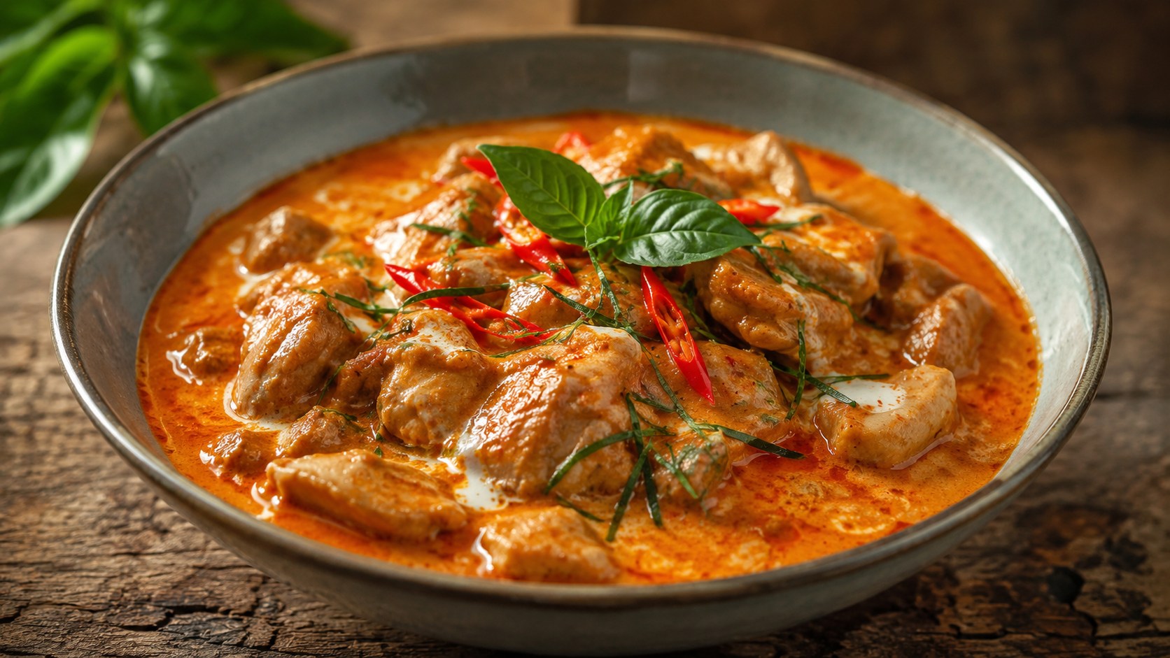 肉に濃厚な赤いココナッツカレーソースを絡め、こぶみかんの葉を添えたパネーンカレー