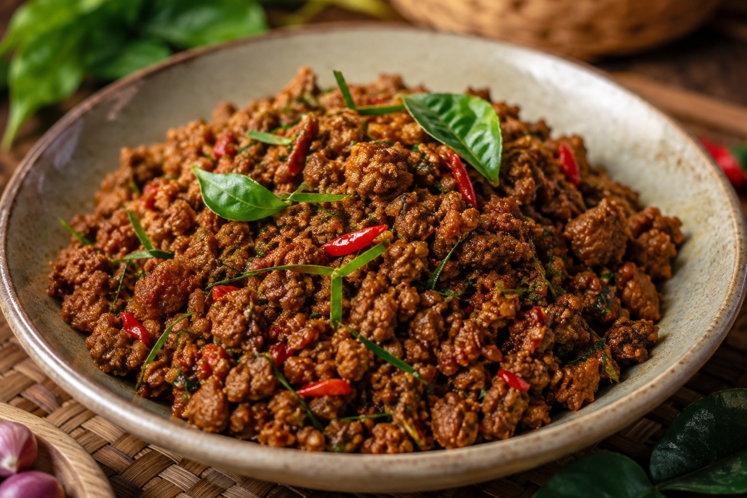 豚ひき肉を黄色いカレーペースト、唐辛子、こぶみかんの葉と炒めたクアクリン