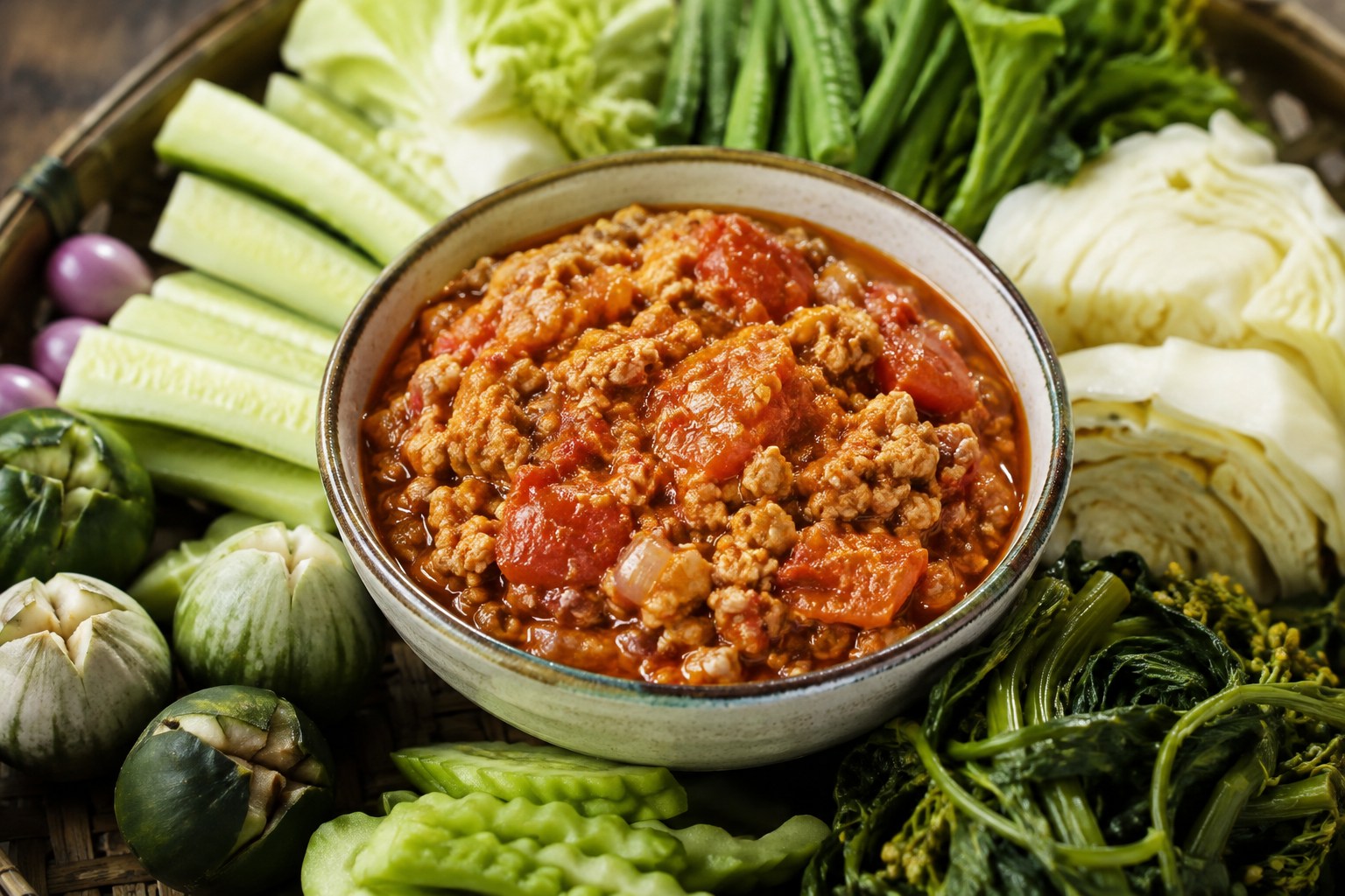 豚ひき肉とトマトを煮詰めた赤いナムプリックオンに生野菜を添えたタイ料理