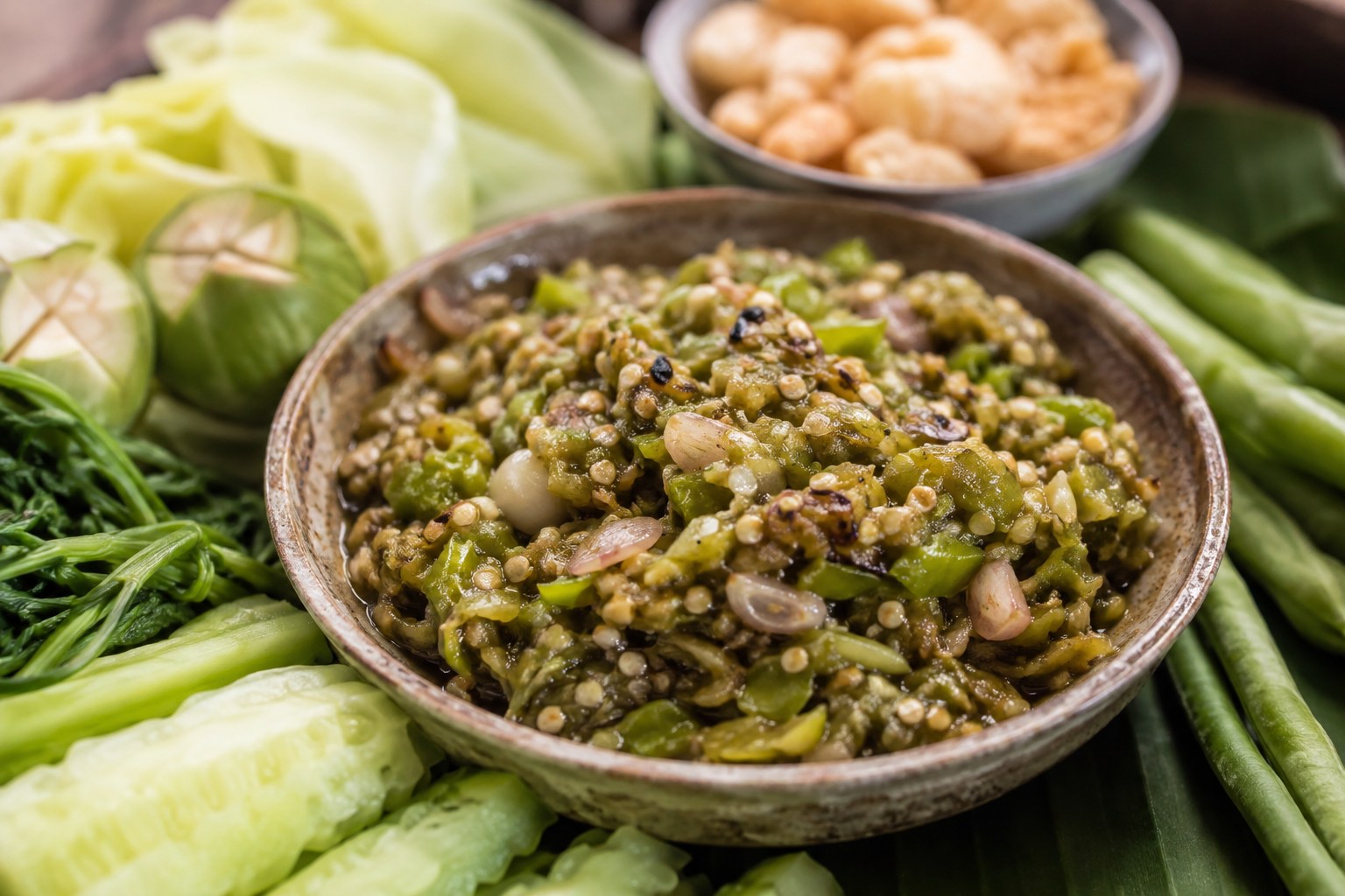 焼いた青唐辛子をつぶした緑色のナムプリックヌムに野菜を添えたタイ料理