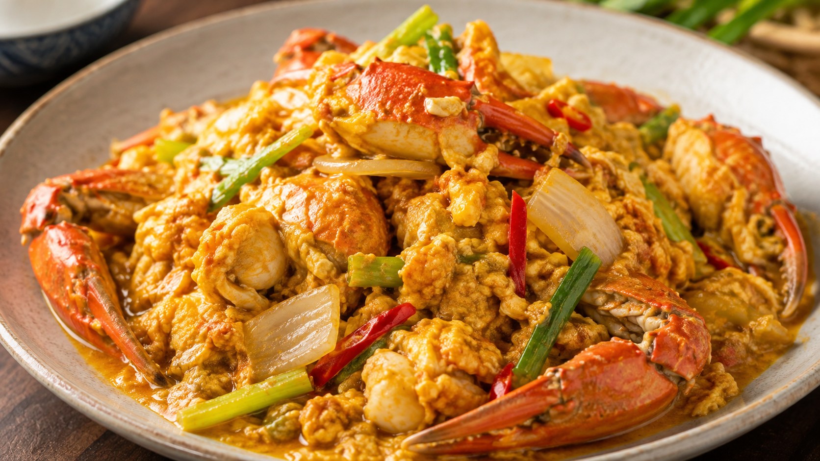 蟹を卵、玉ねぎ、セロリ、黄色いカレーソースで炒めたプーパッポンカリー