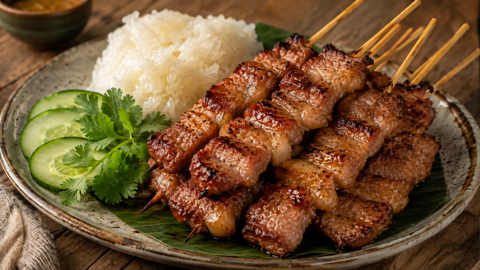 甘辛いたれに漬け込んだ豚肉を串に刺して香ばしく焼いたタイのムーピン