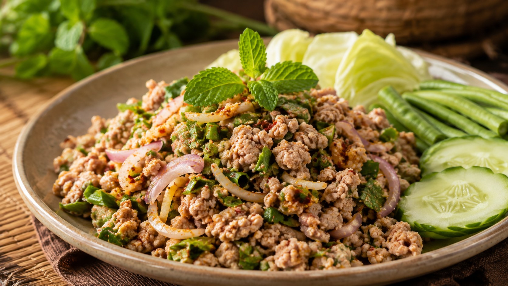 豚ひき肉を唐辛子、香草、煎り米粉、ライムで和えたラープムー