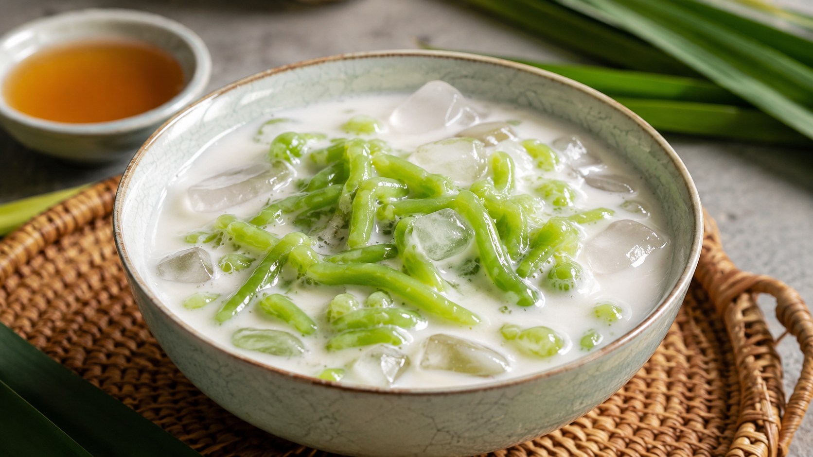 緑色の細い米粉麺をココナッツミルクと氷に入れたタイのロートチョン