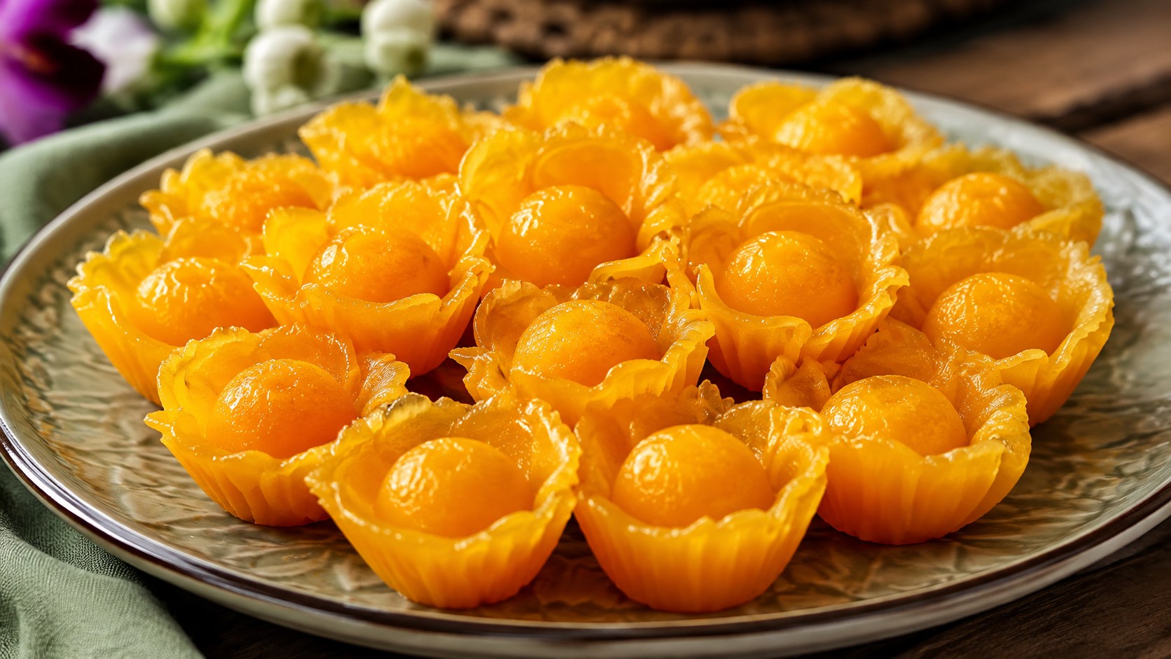 卵黄の生地を花びらのような形に整えた金色のタイ菓子トーンイップ